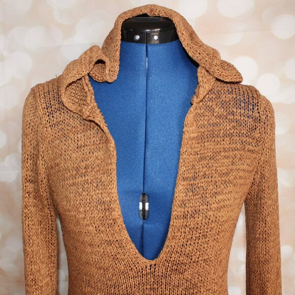Y2K J.J. Basics Women's Brown Hooded Deep V-Neck Tunic Sweater Size M - Picture 2 of 10